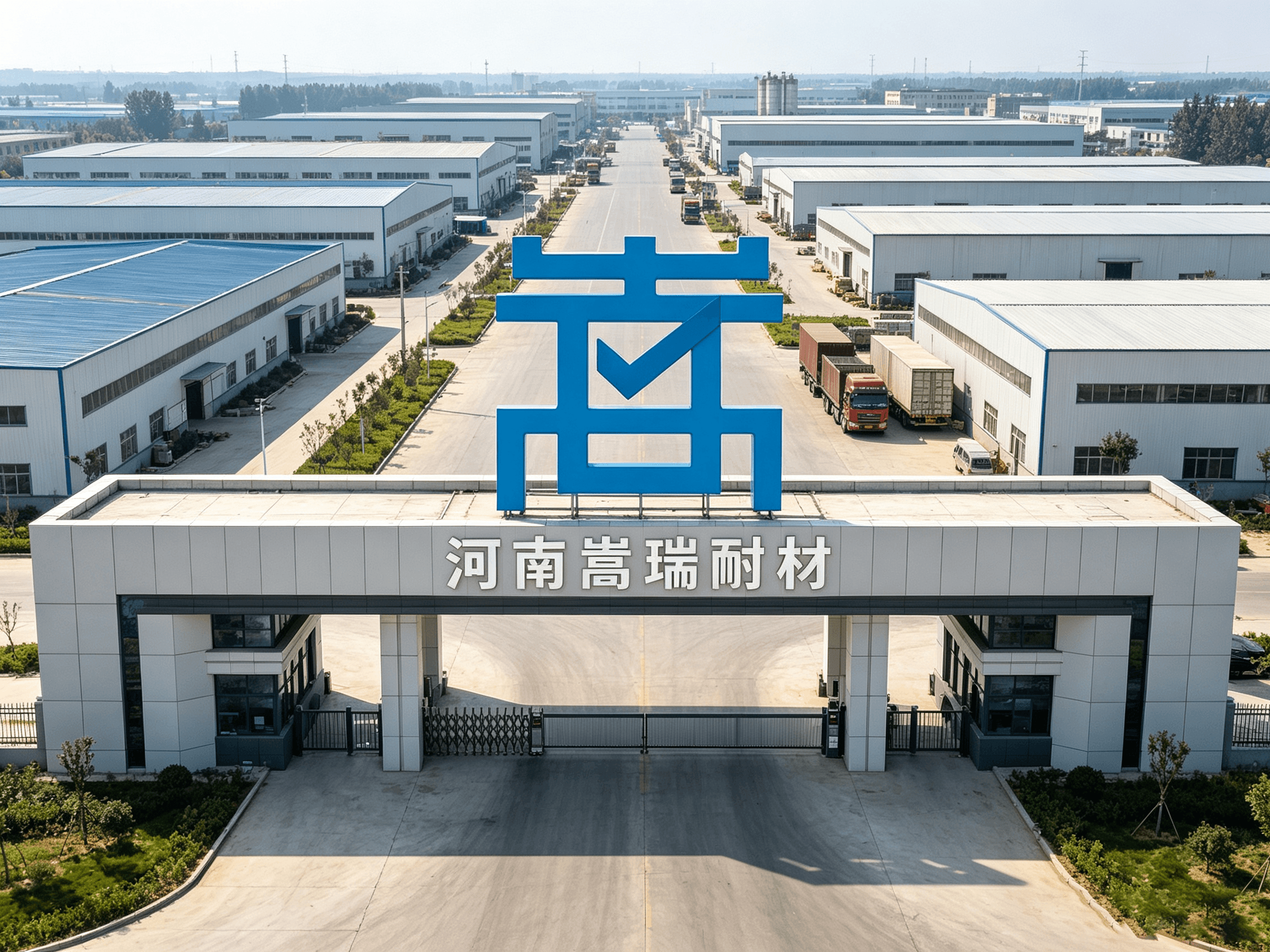 河南嵩瑞耐材厂区大门与厂房航拍全景